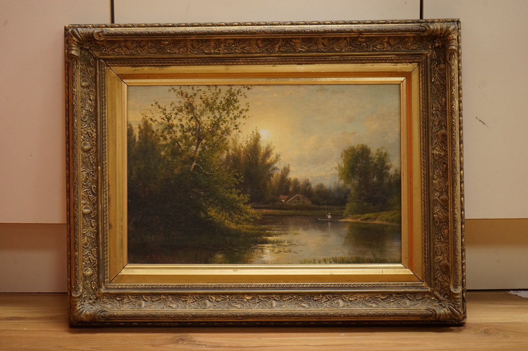 J. Ripley (19th. C), Riverscape, signed, oil on canvas, 29 x 43cm, gilt framed